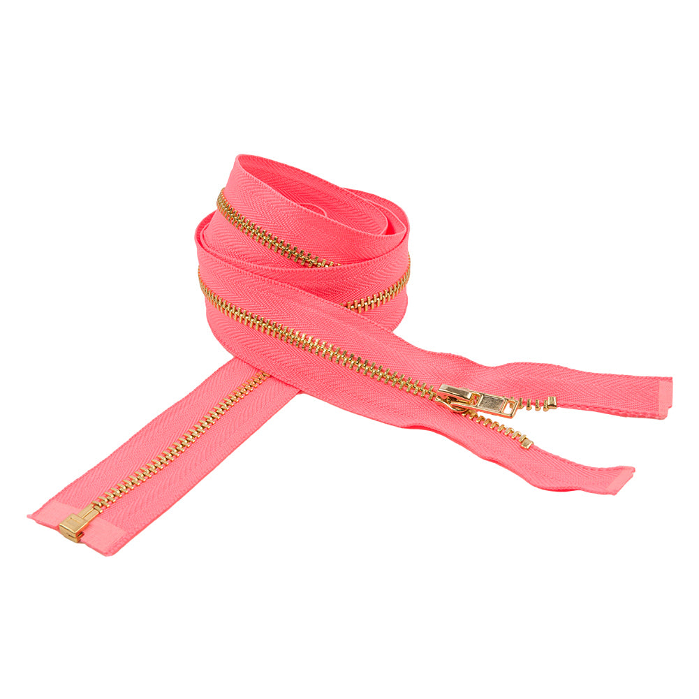 Neon Coral and Gold T3 Open End Metal Zipper - 36" Neon Coral and Gold T3 Open End Metal Zipper - 36"