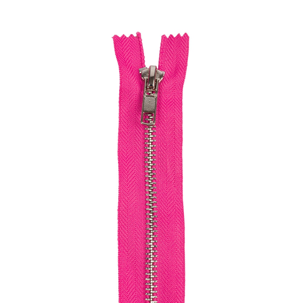 Fuchsia and Silver T5 Closed End Metal Zipper - 36" Detail Fuchsia and Silver T5 Closed End Metal Zipper - 36" Detail