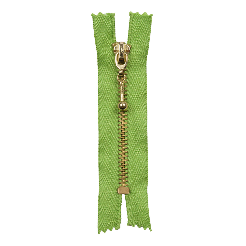 Lime and Antique Gold T5 Closed End Metal Zipper with Decorative Pull - 3.5" Lime and Antique Gold T5 Closed End Metal Zipper with Decorative Pull - 3.5"