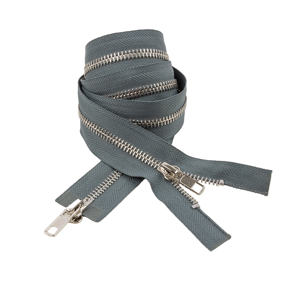 Steel Gray and Silver T5 Open End Metal Zipper with Two Pulls - 36" Steel Gray and Silver T5 Open End Metal Zipper with Two Pulls - 36"