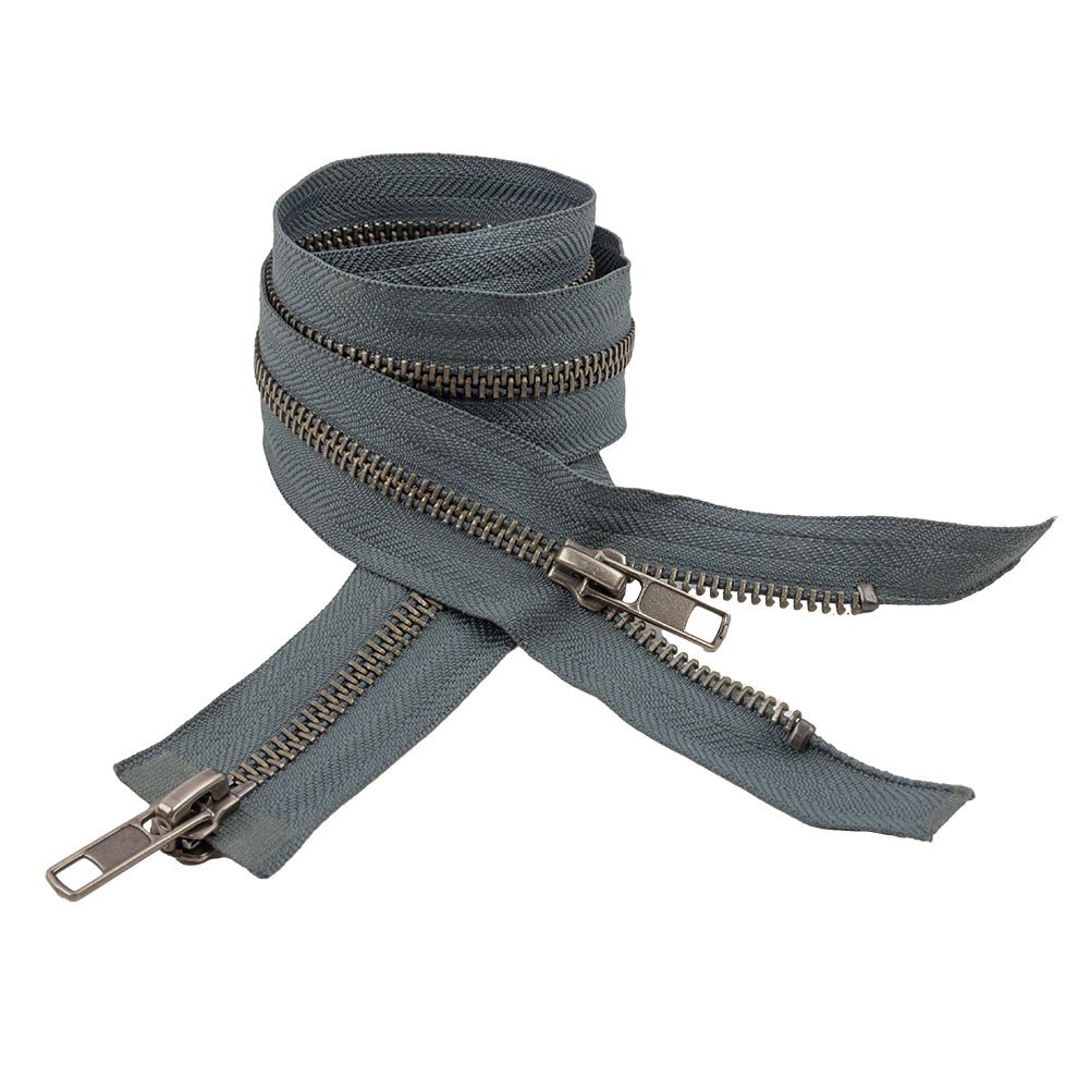 Steel Gray and Matte Gunmetal T5 Open End Metal Zipper with Two Pulls - 36" Steel Gray and Matte Gunmetal T5 Open End Metal Zipper with Two Pulls - 36"