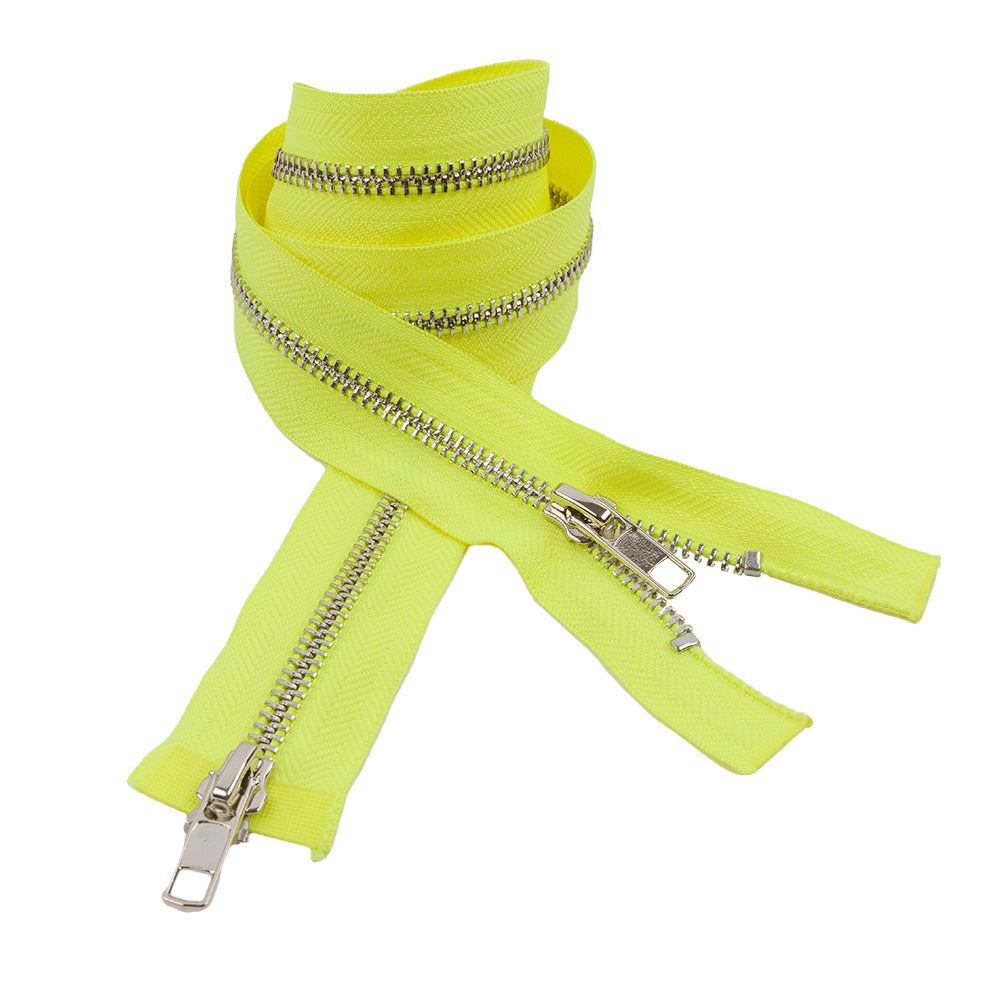 Neon Yellow and Silver T5 Open End Metal Zipper with Two Pulls - 36" Neon Yellow and Silver T5 Open End Metal Zipper with Two Pulls - 36"