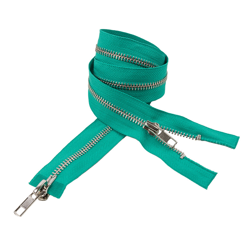 Teal and Silver T5 Open End Metal Zipper with Two Pulls - 36" Teal and Silver T5 Open End Metal Zipper with Two Pulls - 36"
