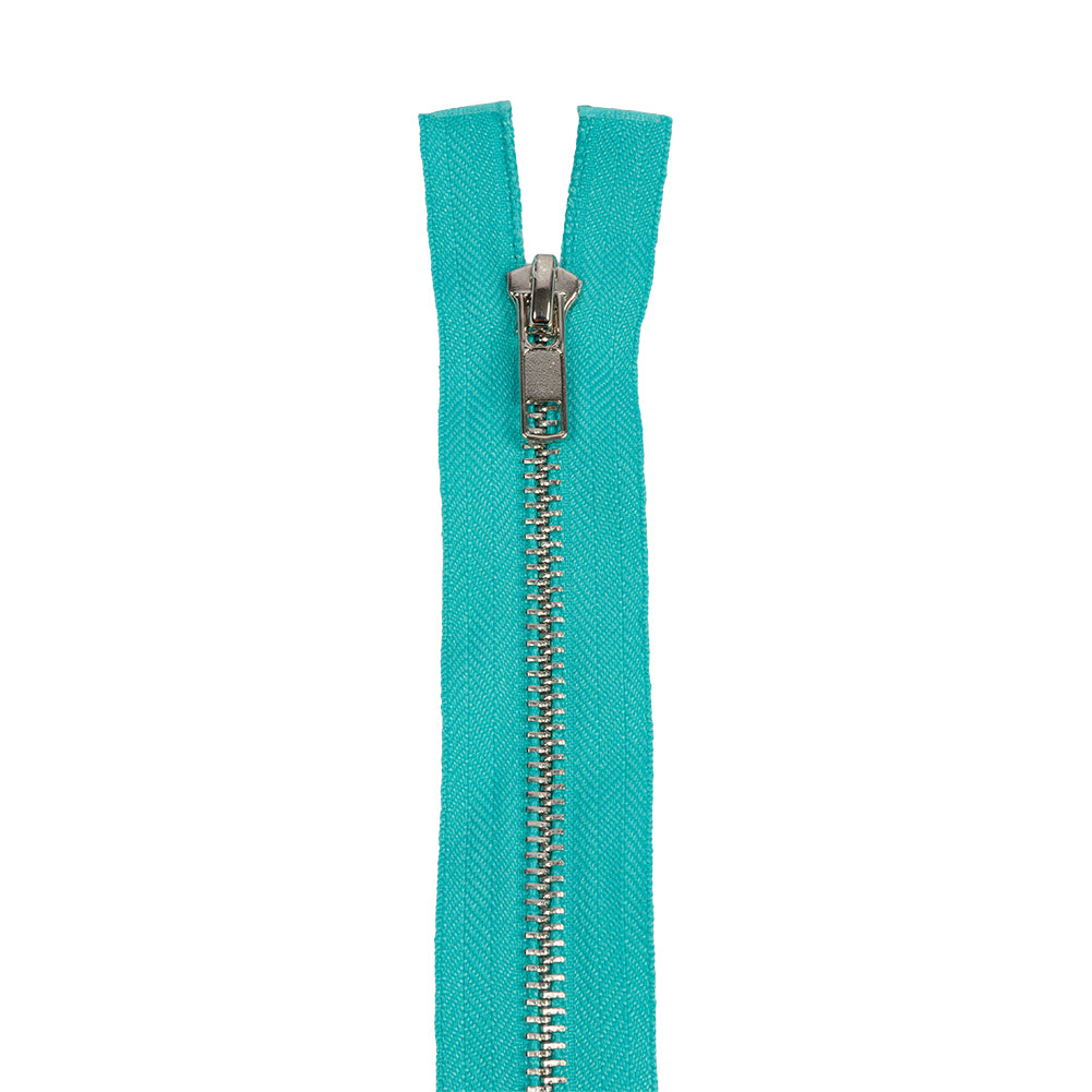 Turquoise and Silver T5 Open End Metal Zipper with Two Pulls - 36" Detail Turquoise and Silver T5 Open End Metal Zipper with Two Pulls - 36" Detail