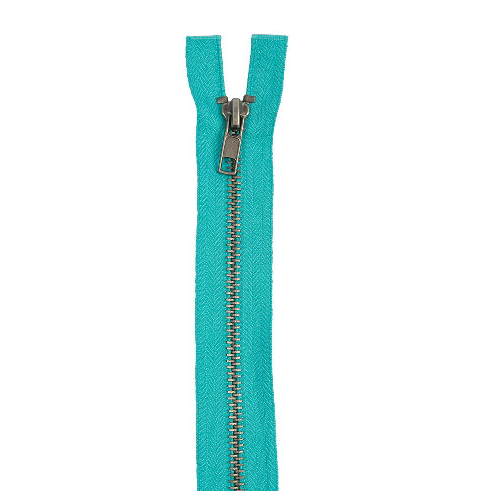 Turquoise and Matte Gunmetal T5 Open End Metal Zipper with Two Pulls - 36" Detail Turquoise and Matte Gunmetal T5 Open End Metal Zipper with Two Pulls - 36" Detail