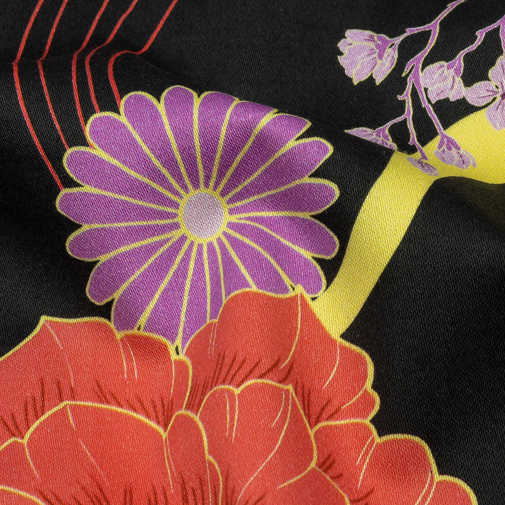 Stretch Cotton Sateen - Black, Red and Purple Floral - Japanese Daydreams Print - Mood Exclusive Groove Collection Folded Stretch Cotton Sateen - Black, Red and Purple Floral - Japanese Daydreams Print - Mood Exclusive Groove Collection Folded