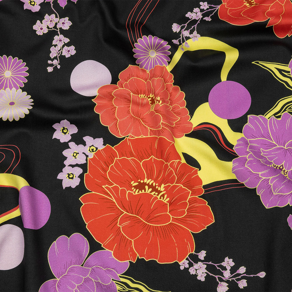 Stretch Cotton Sateen - Black, Red and Purple Floral - Japanese Daydreams Print - Mood Exclusive Groove Collection Stretch Cotton Sateen - Black, Red and Purple Floral - Japanese Daydreams Print - Mood Exclusive Groove Collection