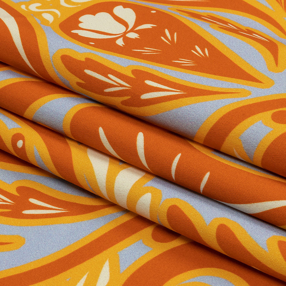 Stretch Cotton Sateen - Orange Ornamental Paisleys - Vacation Vibrations Print - Mood Exclusive Groove Collection