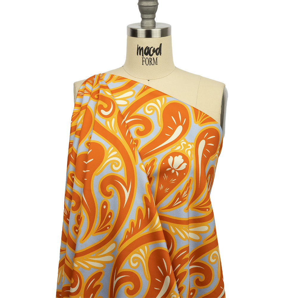 Stretch Cotton Sateen - Orange Ornamental Paisleys - Vacation Vibrations Print - Mood Exclusive Groove Collection