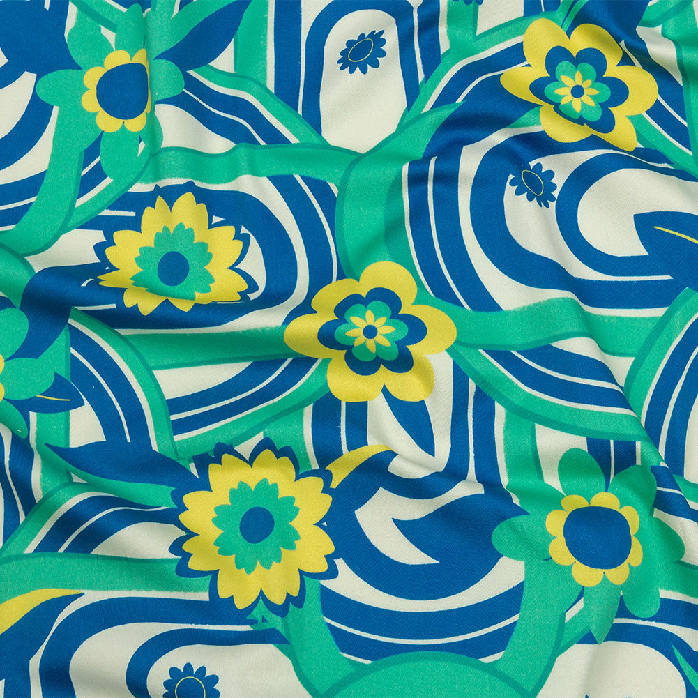 Stretch Cotton Sateen - Blue Winding Lines and Flowers - Bloom the Beat Print - Mood Exclusive Groove Collection Stretch Cotton Sateen - Blue Winding Lines and Flowers - Bloom the Beat Print - Mood Exclusive Groove Collection