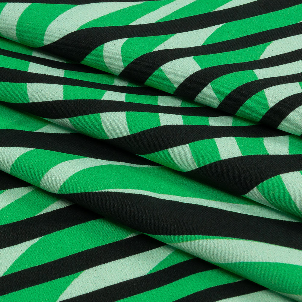 Stretch Cotton Sateen - Green Abstract Lines - Soundwave Strut Print - Mood Exclusive Groove Collection - Folded Stretch Cotton Sateen - Green Abstract Lines - Soundwave Strut Print - Mood Exclusive Groove Collection - Folded