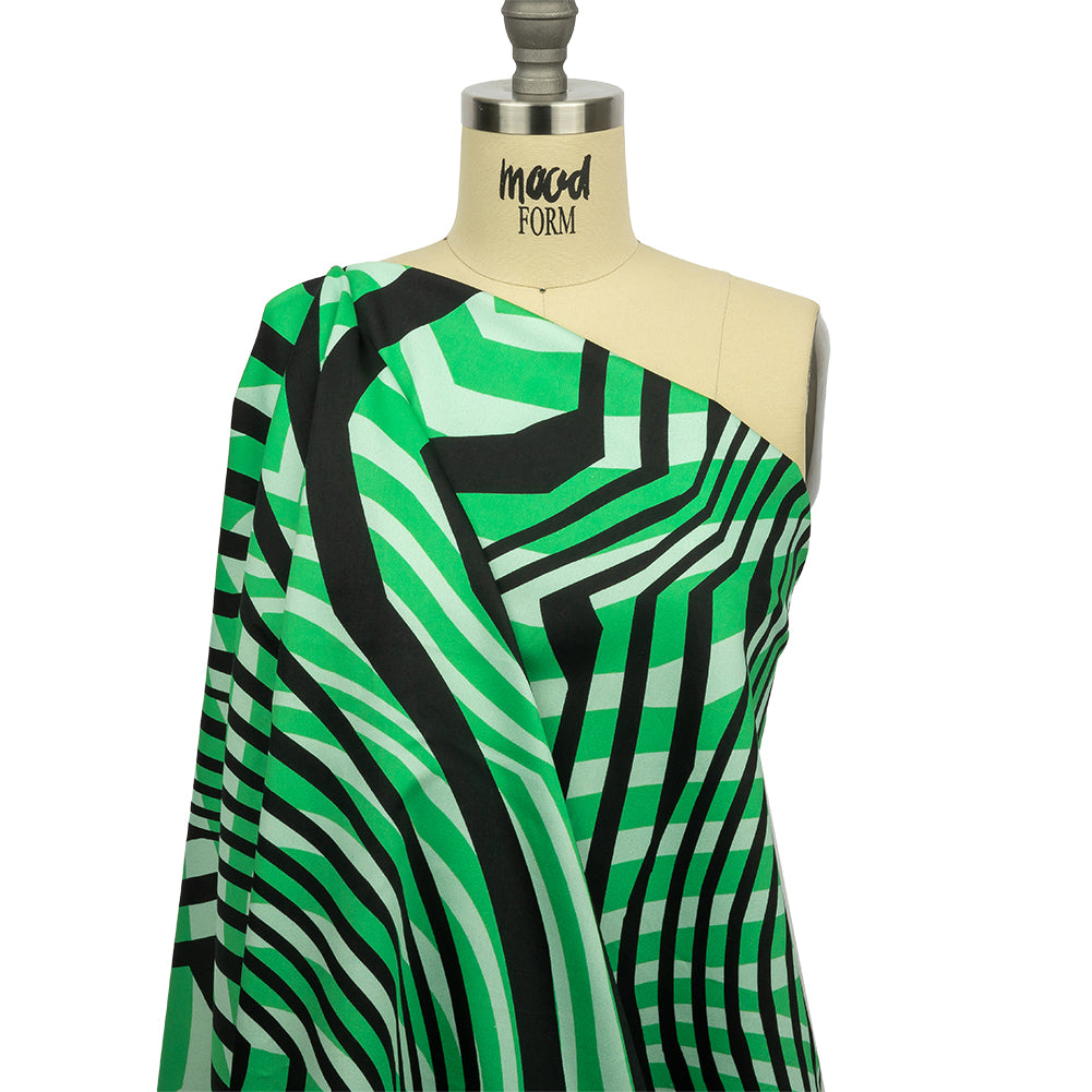Stretch Cotton Sateen - Green Abstract Lines - Soundwave Strut Print - Mood Exclusive Groove Collection - Drape Stretch Cotton Sateen - Green Abstract Lines - Soundwave Strut Print - Mood Exclusive Groove Collection - Drape