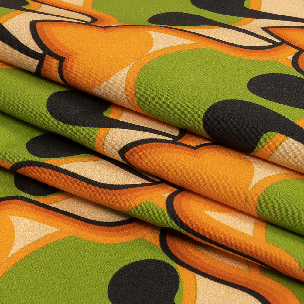 Stretch Cotton Sateen - Green and Orange Abstract - Bohemian Bells Print - Mood Exclusive Groove Collection - Folded Stretch Cotton Sateen - Green and Orange Abstract - Bohemian Bells Print - Mood Exclusive Groove Collection - Folded