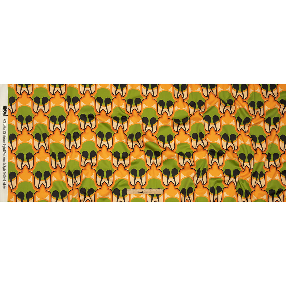Stretch Cotton Sateen - Green and Orange Abstract - Bohemian Bells Print - Mood Exclusive Groove Collection - Full Stretch Cotton Sateen - Green and Orange Abstract - Bohemian Bells Print - Mood Exclusive Groove Collection - Full