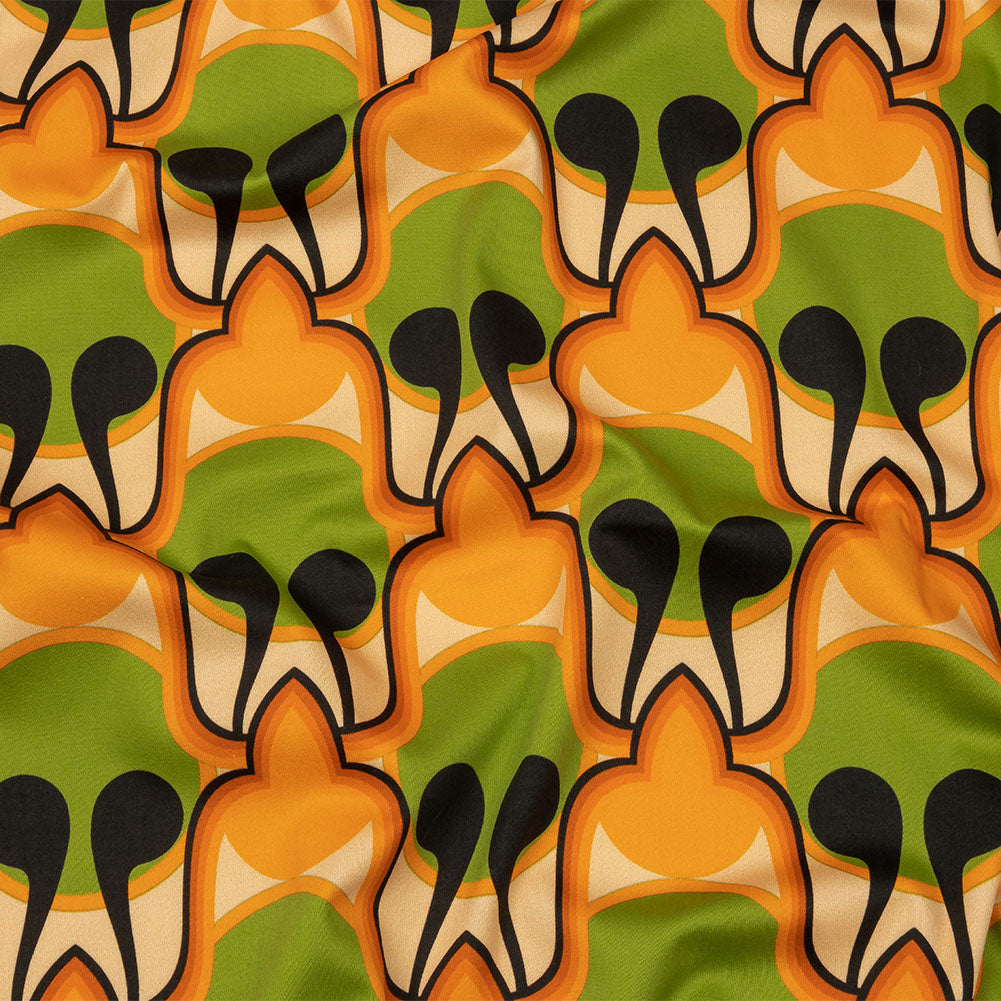 Stretch Cotton Sateen - Green and Orange Abstract - Bohemian Bells Print - Mood Exclusive Groove Collection Stretch Cotton Sateen - Green and Orange Abstract - Bohemian Bells Print - Mood Exclusive Groove Collection