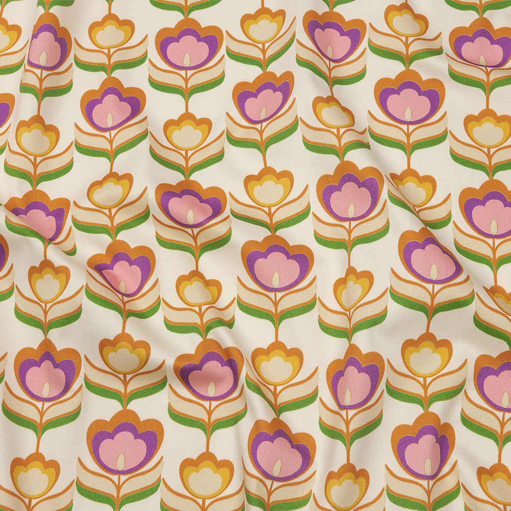 Stretch Cotton Sateen - Ivory, Pink and Yellow Floral - Tulip Twist Print - Mood Exclusive Groove Collection Stretch Cotton Sateen - Ivory, Pink and Yellow Floral - Tulip Twist Print - Mood Exclusive Groove Collection