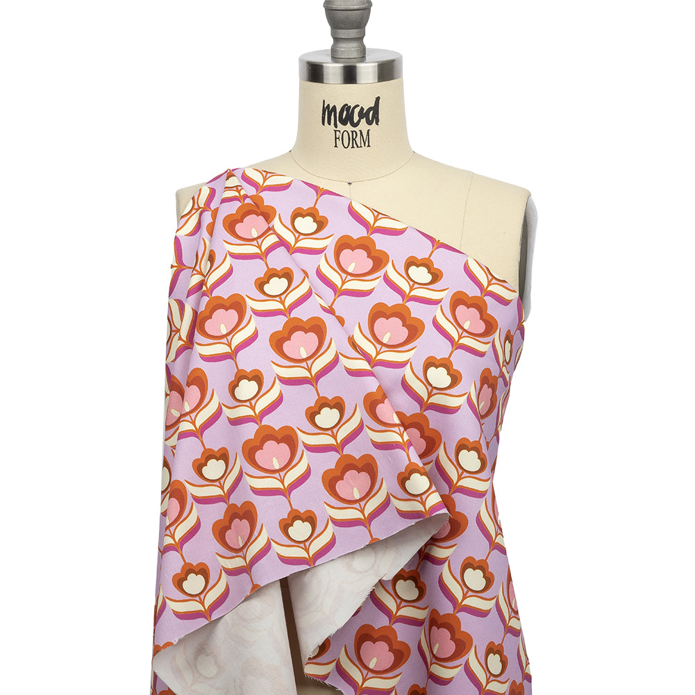 Stretch Cotton Sateen - Lavender, Pink and White Floral - Tulip Twist Print - Mood Exclusive Groove Collection Stretch Cotton Sateen - Lavender, Pink and White Floral - Tulip Twist Print - Mood Exclusive Groove Collection