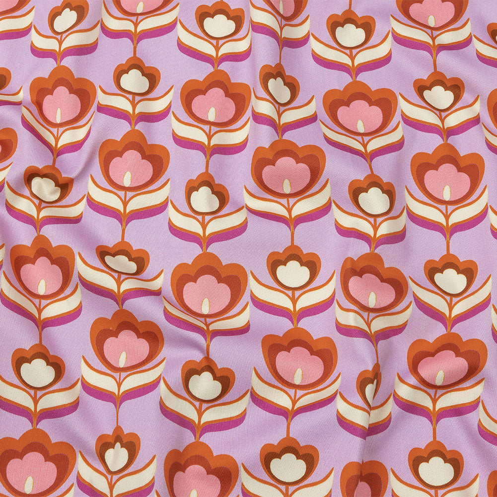 Stretch Cotton Sateen - Lavender, Pink and White Floral - Tulip Twist Print - Mood Exclusive Groove Collection Stretch Cotton Sateen - Lavender, Pink and White Floral - Tulip Twist Print - Mood Exclusive Groove Collection