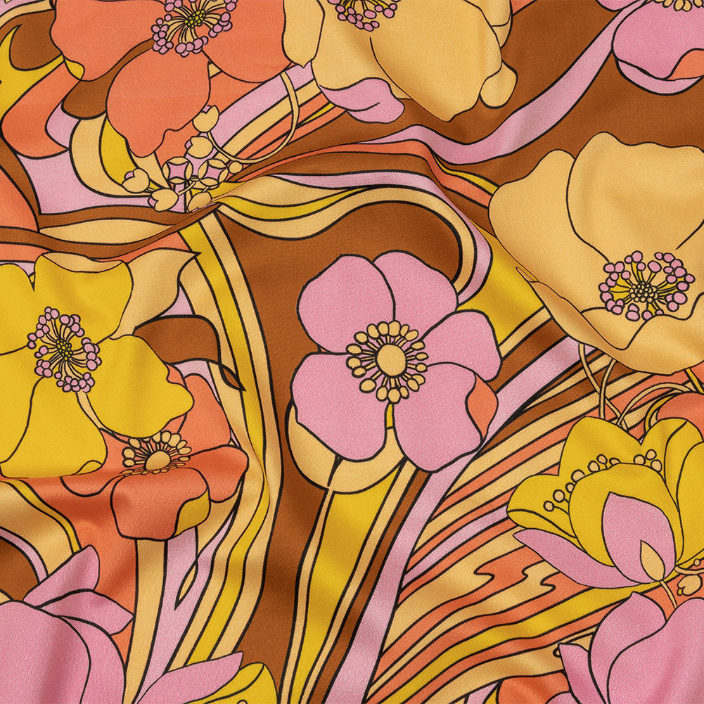 Stretch Cotton Sateen - Pink and Yellow Floral - Garden Groove Print - Mood Exclusive Groove Collection Stretch Cotton Sateen - Pink and Yellow Floral - Garden Groove Print - Mood Exclusive Groove Collection