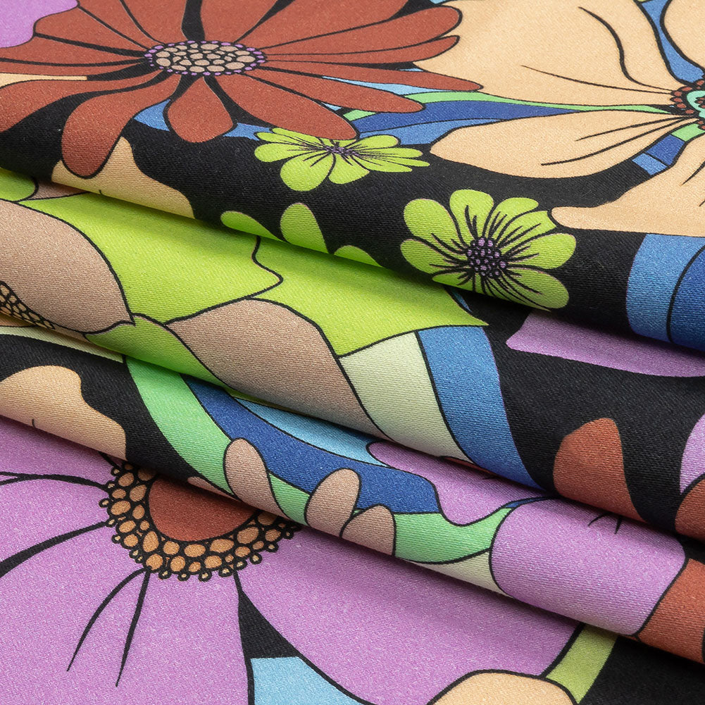 Stretch Cotton Sateen - Black, Beige and Purple Floral - Fanciful Flourish Print - Mood Exclusive Groove Collection - Folded Stretch Cotton Sateen - Black, Beige and Purple Floral - Fanciful Flourish Print - Mood Exclusive Groove Collection - Folded