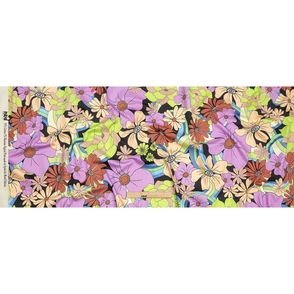 Stretch Cotton Sateen - Black, Beige and Purple Floral - Fanciful Flourish Print - Mood Exclusive Groove Collection - Full Stretch Cotton Sateen - Black, Beige and Purple Floral - Fanciful Flourish Print - Mood Exclusive Groove Collection - Full