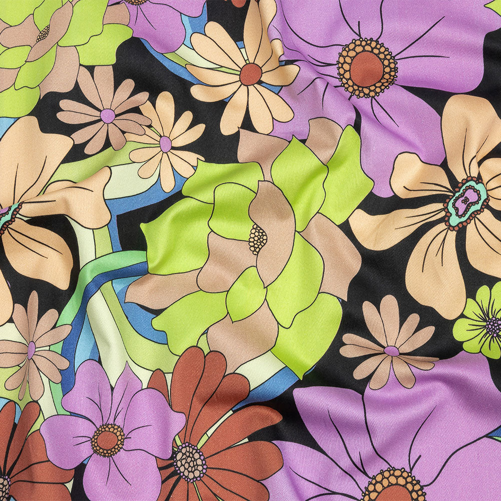 Stretch Cotton Sateen - Black, Beige and Purple Floral - Fanciful Flourish Print - Mood Exclusive Groove Collection Stretch Cotton Sateen - Black, Beige and Purple Floral - Fanciful Flourish Print - Mood Exclusive Groove Collection