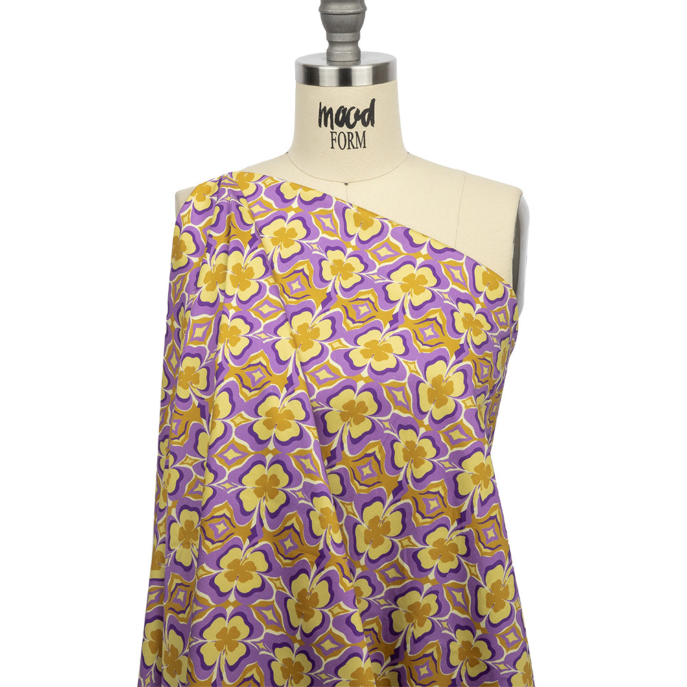 Stretch Cotton Sateen - Purple and Yellow Clovers - Lucky You Print - Mood Exclusive Groove Collection - Drape Stretch Cotton Sateen - Purple and Yellow Clovers - Lucky You Print - Mood Exclusive Groove Collection - Drape
