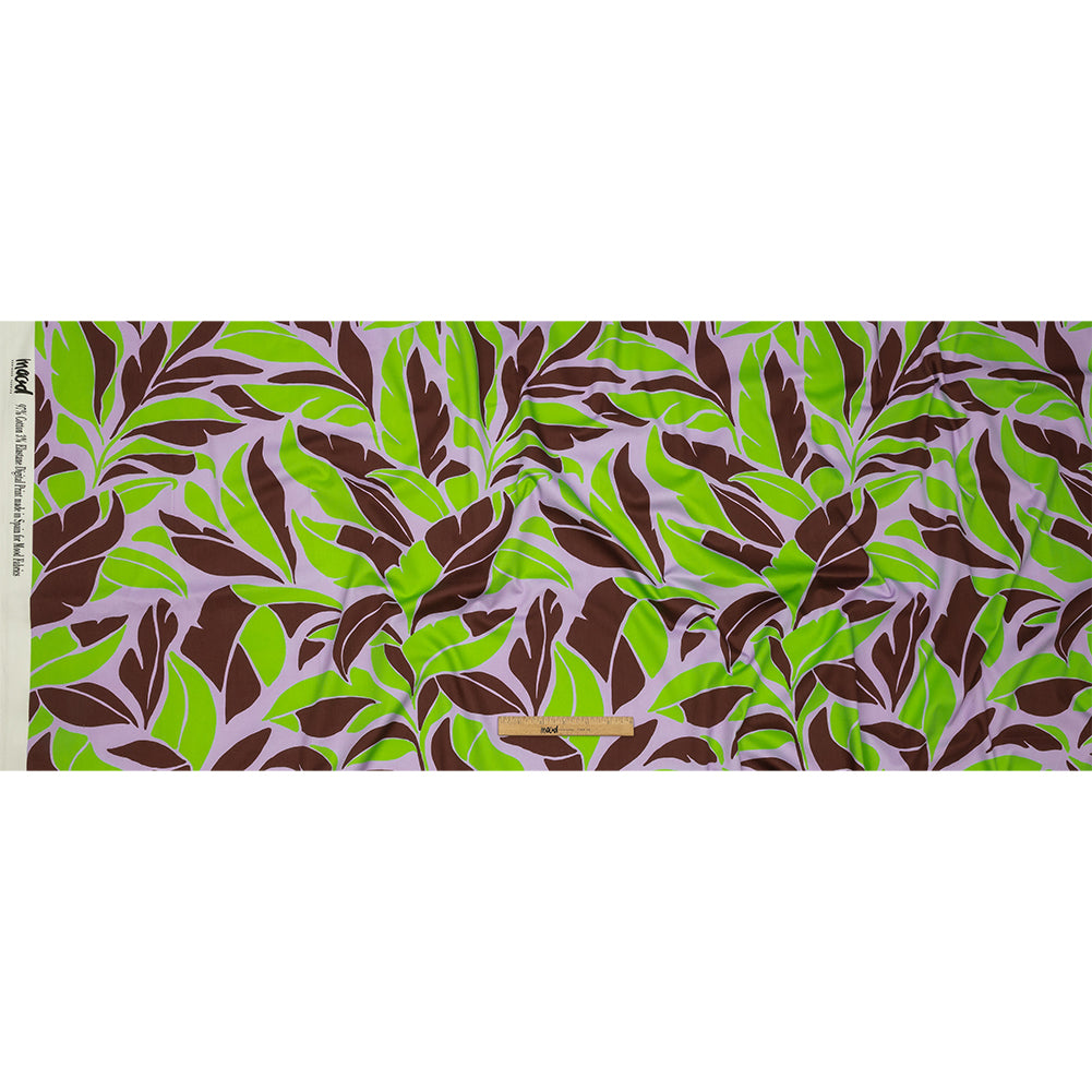Stretch Cotton Sateen - Lavender and Green Leaves - Flying Swirls Print - Mood Exclusive Groove Collection Stretch Cotton Sateen - Lavender and Green Leaves - Flying Swirls Print - Mood Exclusive Groove Collection