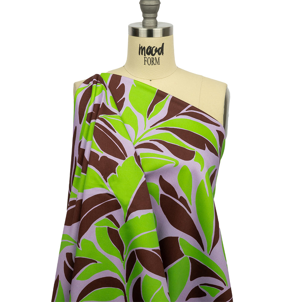 Stretch Cotton Sateen - Lavender and Green Leaves - Flying Swirls Print - Mood Exclusive Groove Collection Stretch Cotton Sateen - Lavender and Green Leaves - Flying Swirls Print - Mood Exclusive Groove Collection