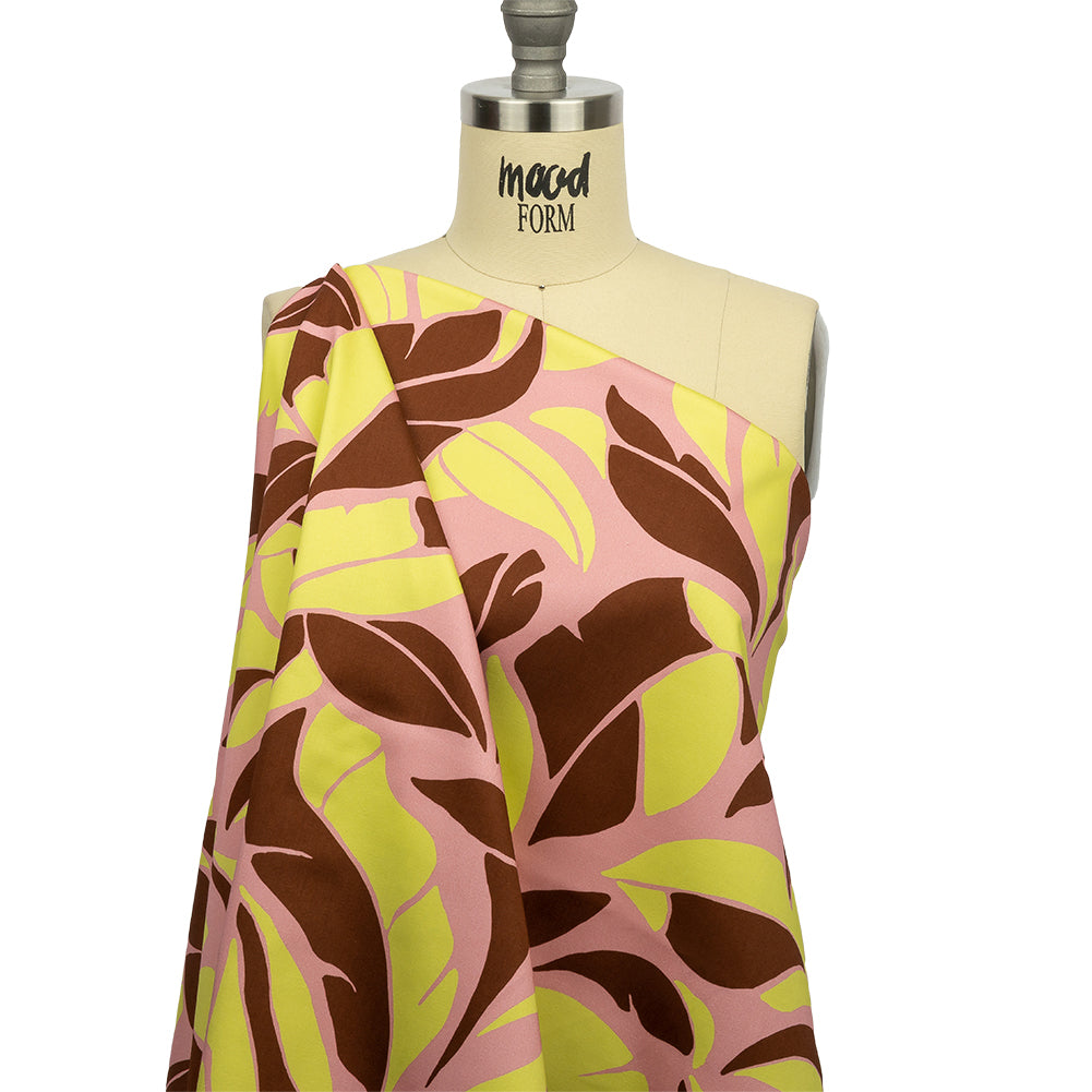 Stretch Cotton Sateen - Pink and Yellow Leaves - Flying Swirls Print - Mood Exclusive Groove Collection - Drape Stretch Cotton Sateen - Pink and Yellow Leaves - Flying Swirls Print - Mood Exclusive Groove Collection - Drape
