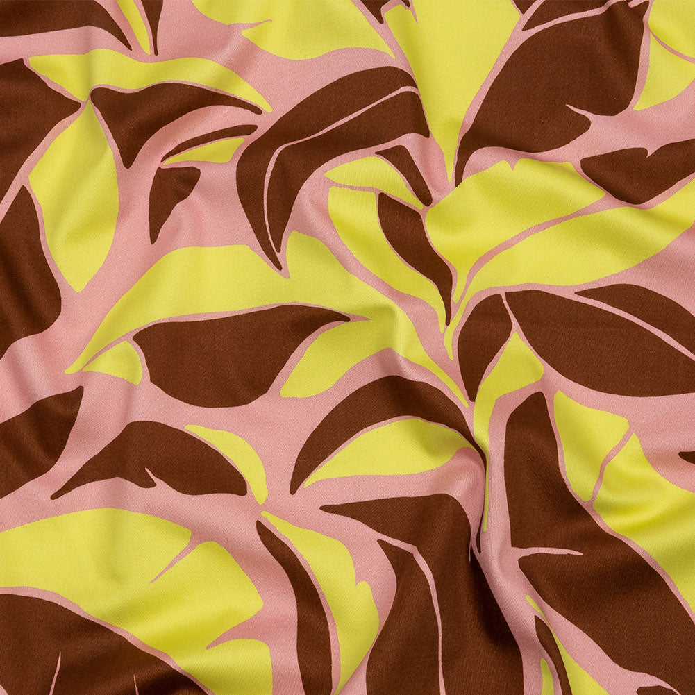 Stretch Cotton Sateen - Pink and Yellow Leaves - Flying Swirls Print - Mood Exclusive Groove Collection Stretch Cotton Sateen - Pink and Yellow Leaves - Flying Swirls Print - Mood Exclusive Groove Collection