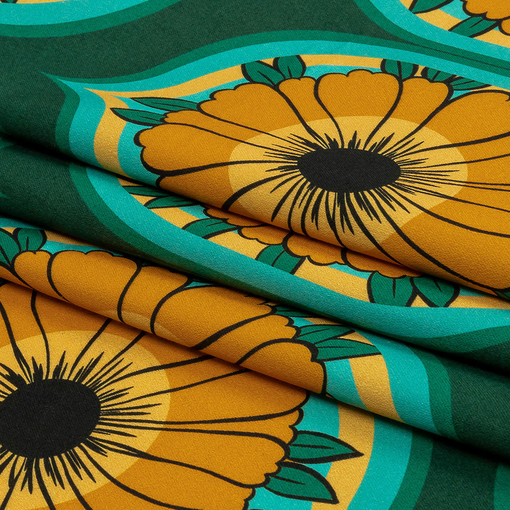 Stretch Cotton Sateen - Yellow and Teal Floral Ogees - Sunrise Divine Print - Mood Exclusive Groove Collection Stretch Cotton Sateen - Yellow and Teal Floral Ogees - Sunrise Divine Print - Mood Exclusive Groove Collection