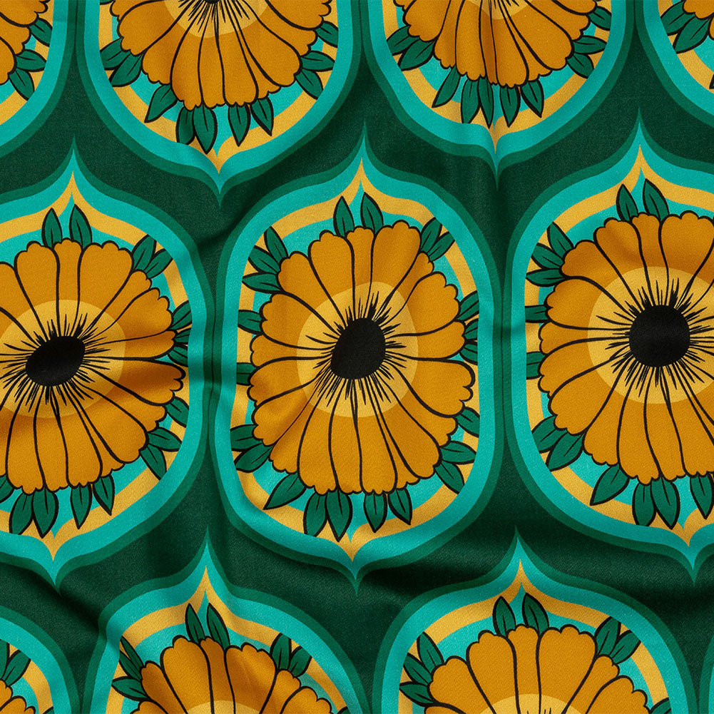 Stretch Cotton Sateen - Yellow and Teal Floral Ogees - Sunrise Divine Print - Mood Exclusive Groove Collection Stretch Cotton Sateen - Yellow and Teal Floral Ogees - Sunrise Divine Print - Mood Exclusive Groove Collection