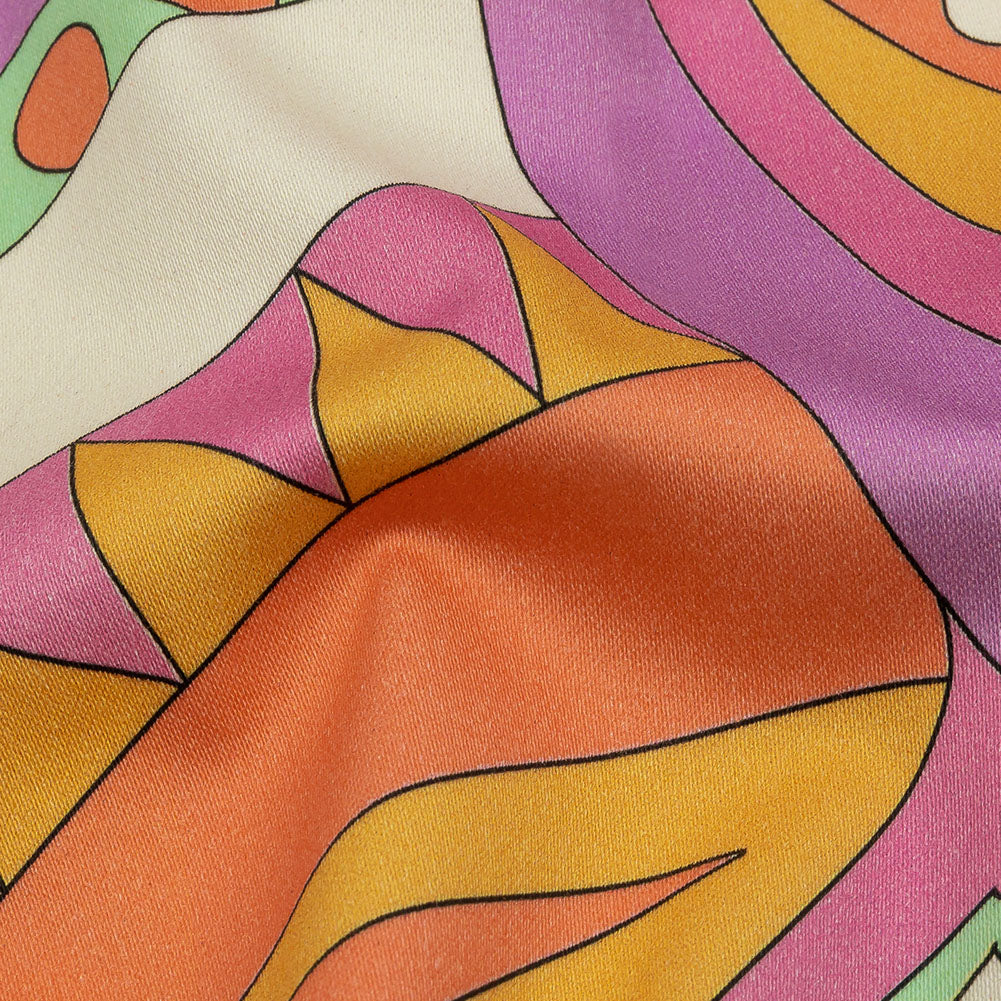 Stretch Cotton Sateen - Purple, Pink and Orange Paisley and Abstract - Surf City Psychedelia Print - Mood Exclusive Groove Collection - Detail Stretch Cotton Sateen - Purple, Pink and Orange Paisley and Abstract - Surf City Psychedelia Print - Mood Exclusive Groove Collection - Detail