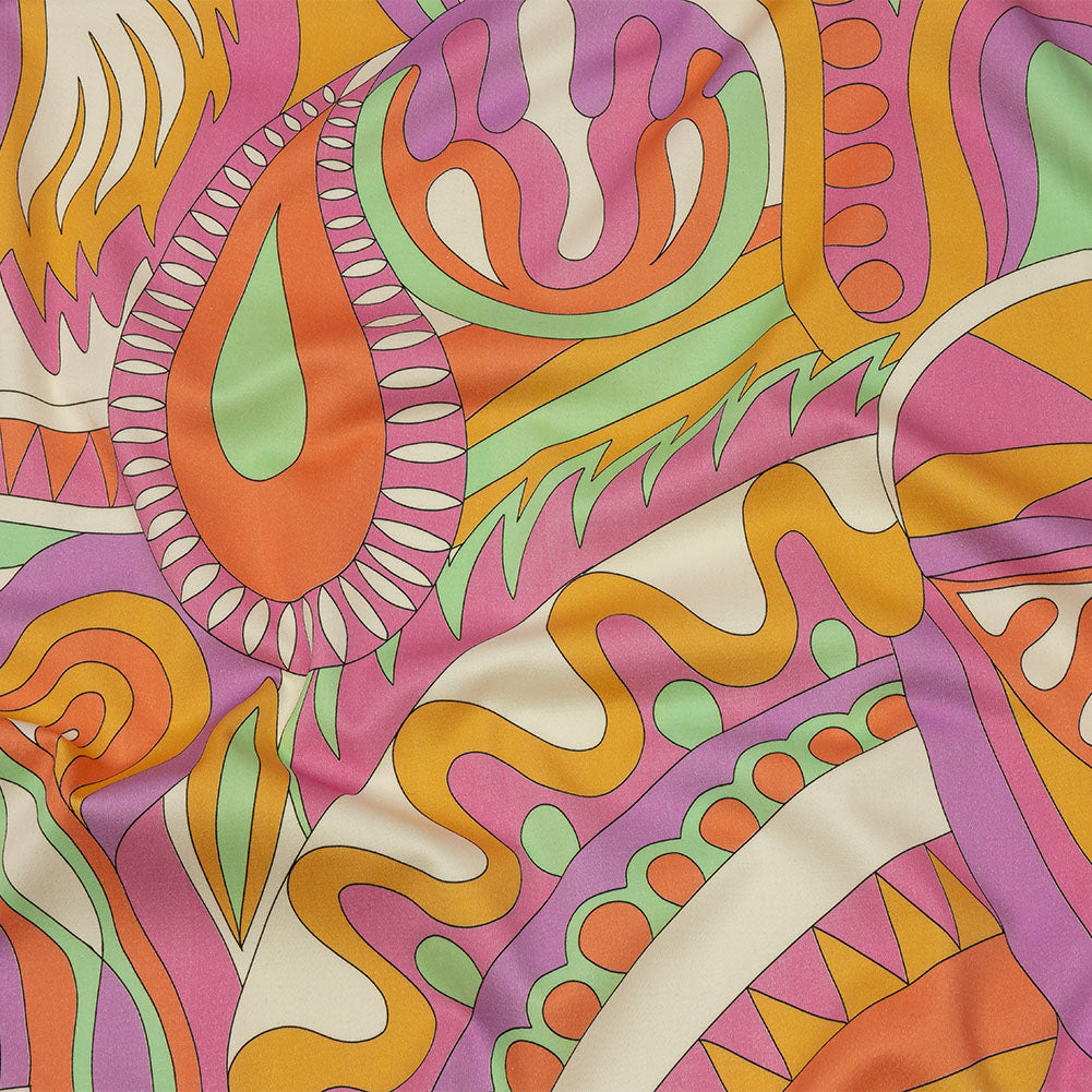 Stretch Cotton Sateen - Purple, Pink and Orange Paisley and Abstract - Surf City Psychedelia Print - Mood Exclusive Groove Collection Stretch Cotton Sateen - Purple, Pink and Orange Paisley and Abstract - Surf City Psychedelia Print - Mood Exclusive Groove Collection