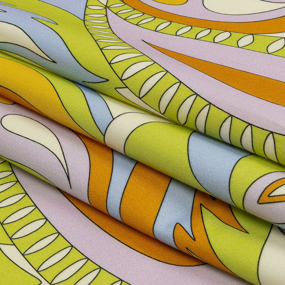 Stretch Cotton Sateen - Lime, Blue and Brown Paisley and Abstract - Surf City Psychedelia Print - Mood Exclusive Groove Collection Stretch Cotton Sateen - Lime, Blue and Brown Paisley and Abstract - Surf City Psychedelia Print - Mood Exclusive Groove Collection