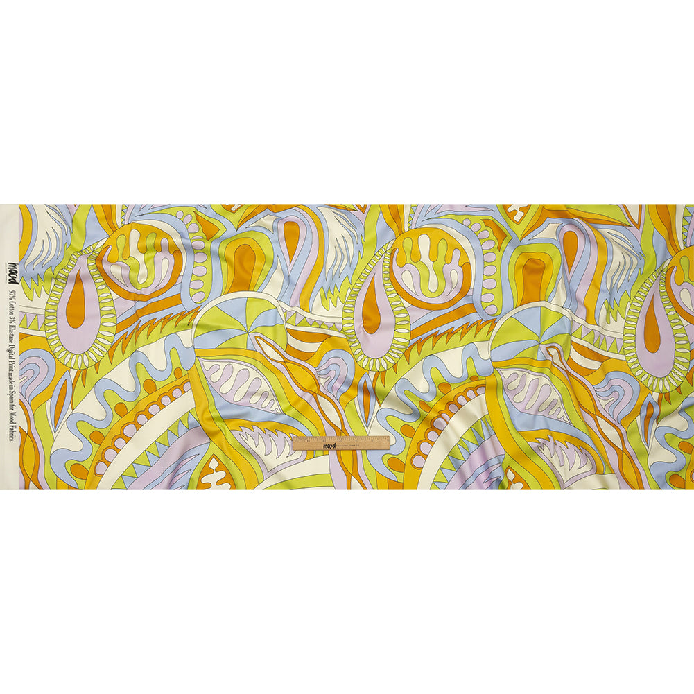 Stretch Cotton Sateen - Lime, Blue and Brown Paisley and Abstract - Surf City Psychedelia Print - Mood Exclusive Groove Collection Stretch Cotton Sateen - Lime, Blue and Brown Paisley and Abstract - Surf City Psychedelia Print - Mood Exclusive Groove Collection