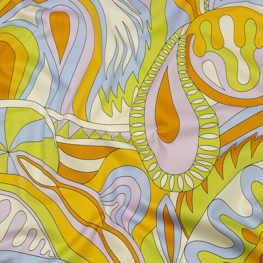 Stretch Cotton Sateen - Lime, Blue and Brown Paisley and Abstract - Surf City Psychedelia Print - Mood Exclusive Groove Collection Stretch Cotton Sateen - Lime, Blue and Brown Paisley and Abstract - Surf City Psychedelia Print - Mood Exclusive Groove Collection