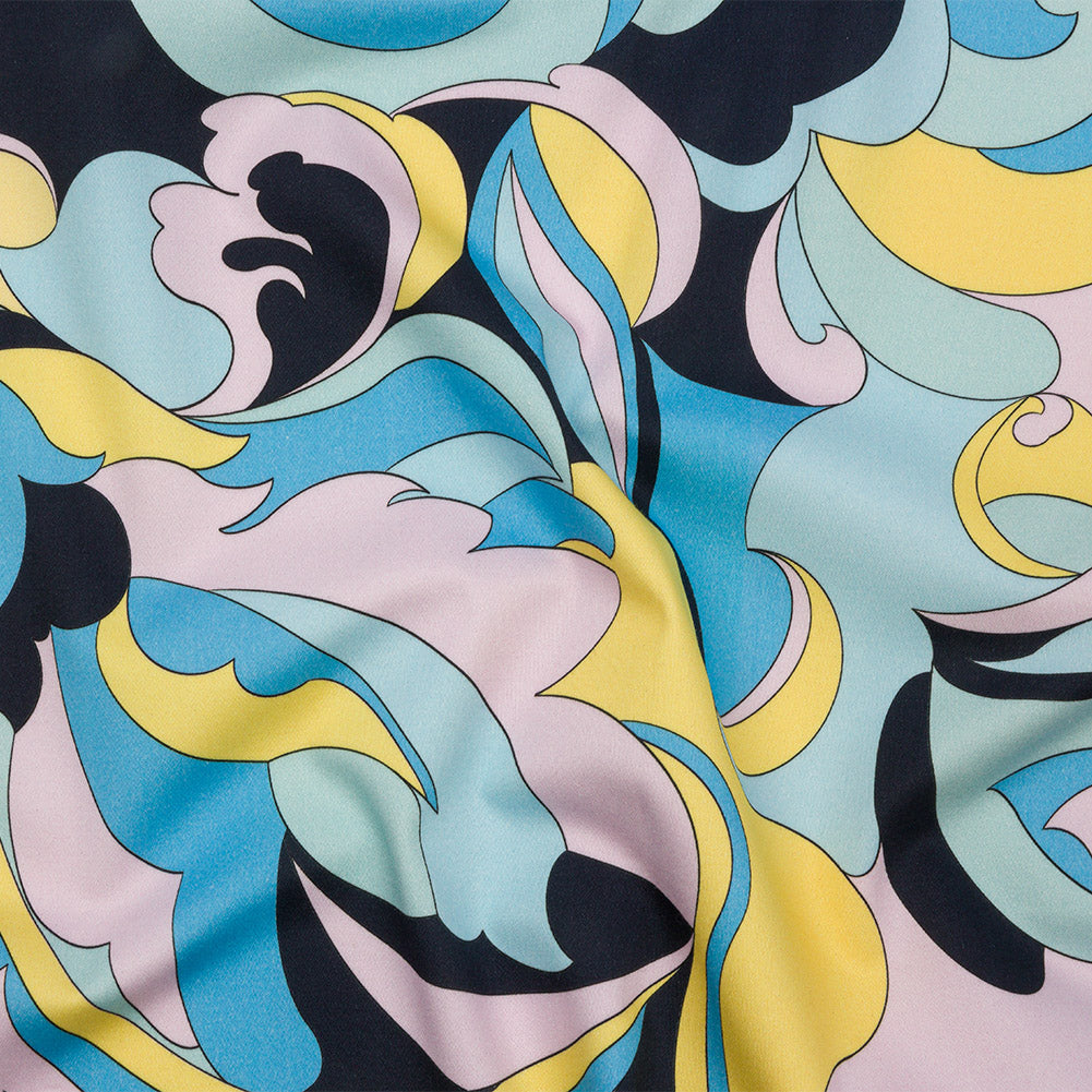 Stretch Cotton Sateen - Blue, Pink and Yellow Abstract - Magical Mystery Print - Mood Exclusive Groove Collection Stretch Cotton Sateen - Blue, Pink and Yellow Abstract - Magical Mystery Print - Mood Exclusive Groove Collection