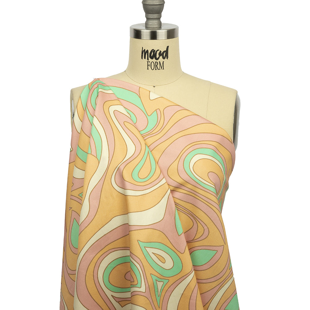 Stretch Cotton Sateen - Light Green, Orange and Pink Abstract - Carnival Candy Print - Mood Exclusive Groove Collection - Drape Stretch Cotton Sateen - Light Green, Orange and Pink Abstract - Carnival Candy Print - Mood Exclusive Groove Collection - Drape