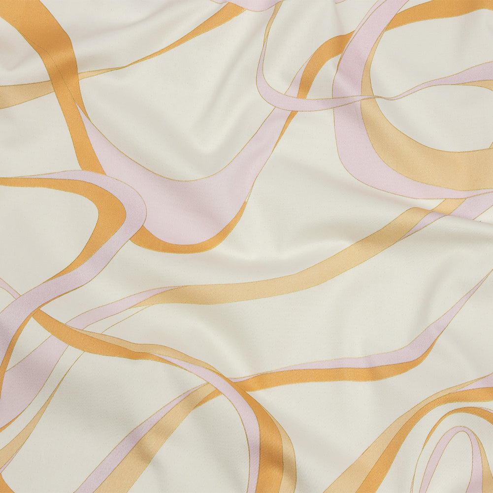 Stretch Cotton Sateen - White, Orange and Lavender Ribbons - Free Spirit Print - Mood Exclusive Groove Collection Stretch Cotton Sateen - White, Orange and Lavender Ribbons - Free Spirit Print - Mood Exclusive Groove Collection