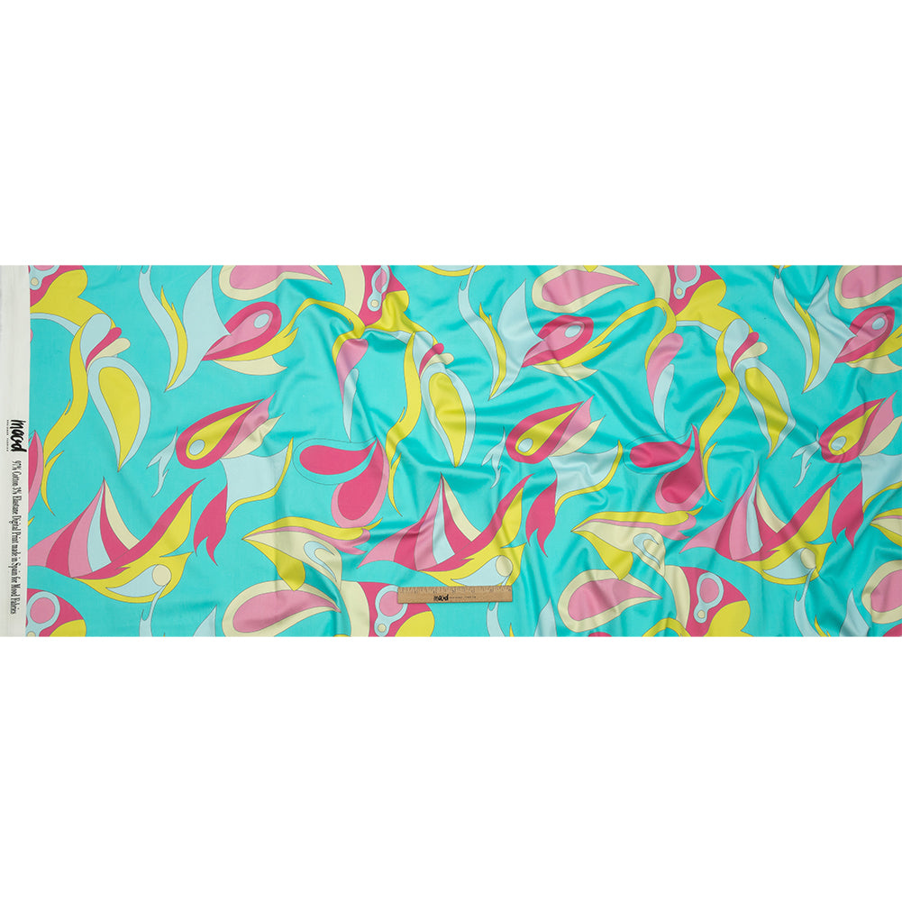 Stretch Cotton Sateen - Turquoise, Pink and Yellow Abstract Paisley - Free Falling Print - Mood Exclusive Groove Collection Stretch Cotton Sateen - Turquoise, Pink and Yellow Abstract Paisley - Free Falling Print - Mood Exclusive Groove Collection