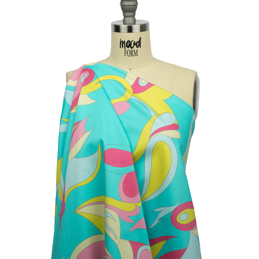 Stretch Cotton Sateen - Turquoise, Pink and Yellow Abstract Paisley - Free Falling Print - Mood Exclusive Groove Collection Stretch Cotton Sateen - Turquoise, Pink and Yellow Abstract Paisley - Free Falling Print - Mood Exclusive Groove Collection