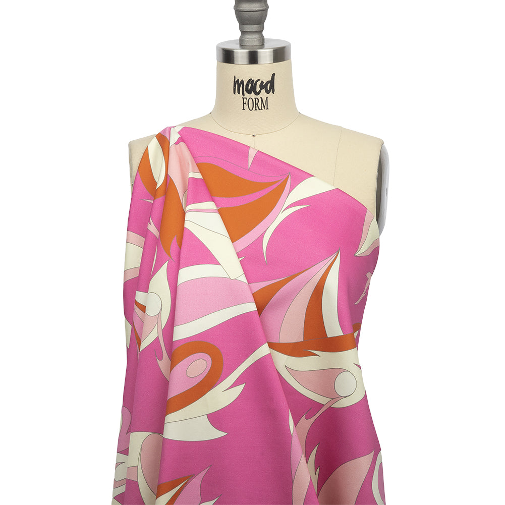 Stretch Cotton Sateen - Hot Pink, White and Orange Abstract Paisley - Free Falling Print - Mood Exclusive Groove Collection Stretch Cotton Sateen - Hot Pink, White and Orange Abstract Paisley - Free Falling Print - Mood Exclusive Groove Collection