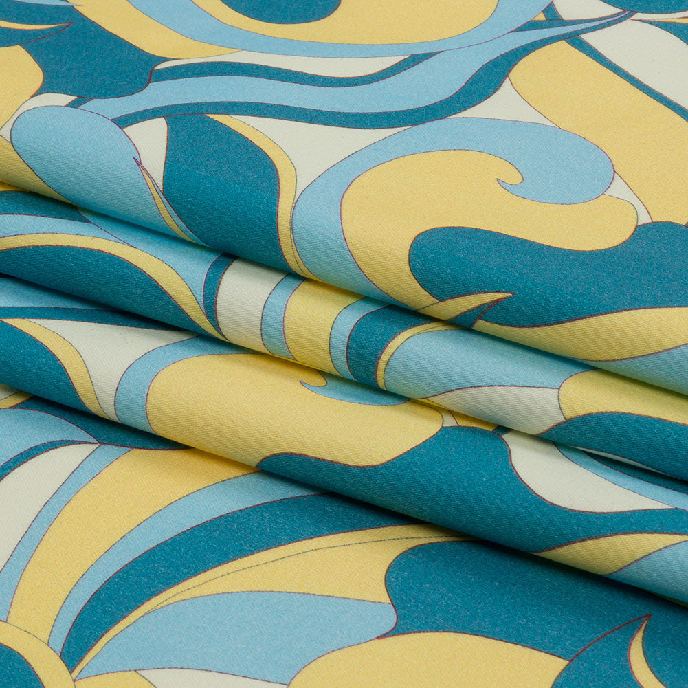 Stretch Cotton Sateen - Blue and Yellow Abstract - Wave Hello Print - Mood Exclusive Groove Collection Stretch Cotton Sateen - Blue and Yellow Abstract - Wave Hello Print - Mood Exclusive Groove Collection