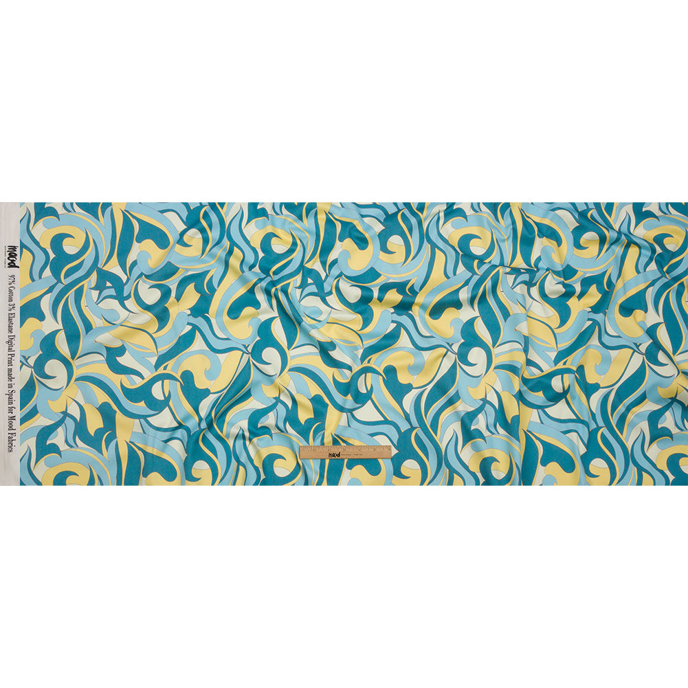 Stretch Cotton Sateen - Blue and Yellow Abstract - Wave Hello Print - Mood Exclusive Groove Collection Stretch Cotton Sateen - Blue and Yellow Abstract - Wave Hello Print - Mood Exclusive Groove Collection