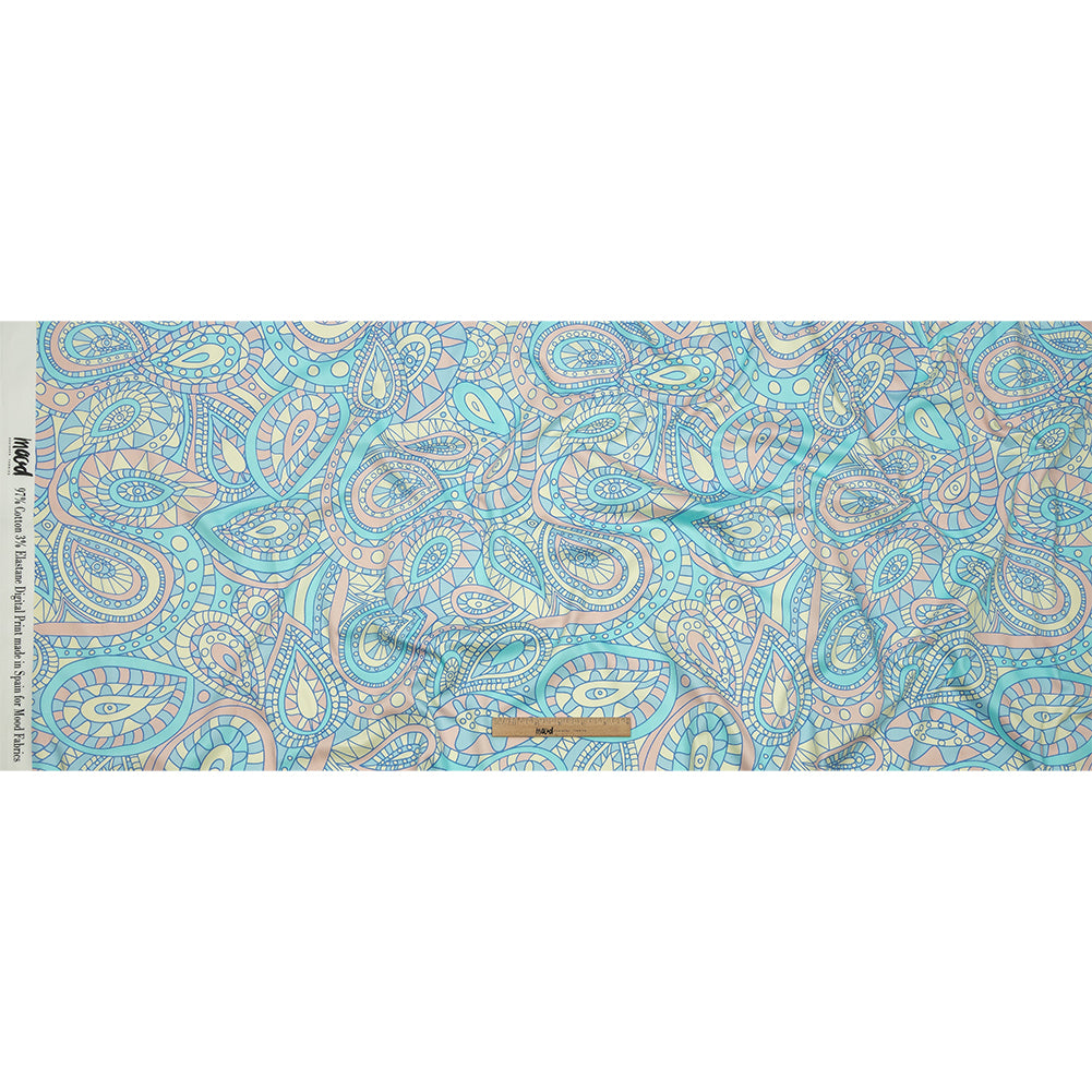 Stretch Cotton Sateen - Blue and Peach Chunky Paisley - Glass Carnival Print - Mood Exclusive Groove Collection - Full Stretch Cotton Sateen - Blue and Peach Chunky Paisley - Glass Carnival Print - Mood Exclusive Groove Collection - Full