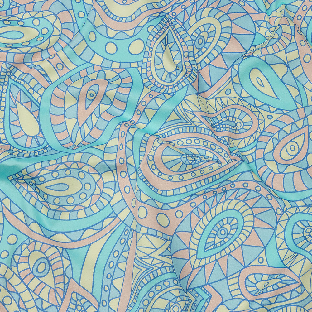 Stretch Cotton Sateen - Blue and Peach Chunky Paisley - Glass Carnival Print - Mood Exclusive Groove Collection Stretch Cotton Sateen - Blue and Peach Chunky Paisley - Glass Carnival Print - Mood Exclusive Groove Collection