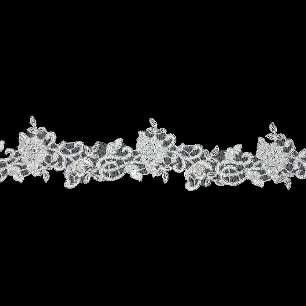 White Floral Beaded Bridal Lace Trim with Metallic Silver Cording - 2.5" White Floral Beaded Bridal Lace Trim with Metallic Silver Cording - 2.5"