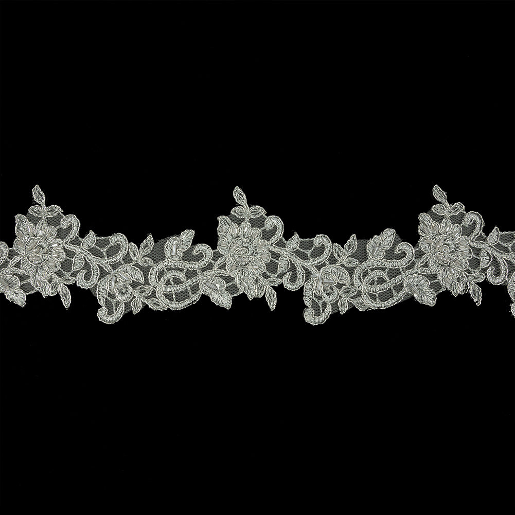 Silver Floral Beaded Bridal Lace Trim with Silver Cording - 2.5" Silver Floral Beaded Bridal Lace Trim with Silver Cording - 2.5"